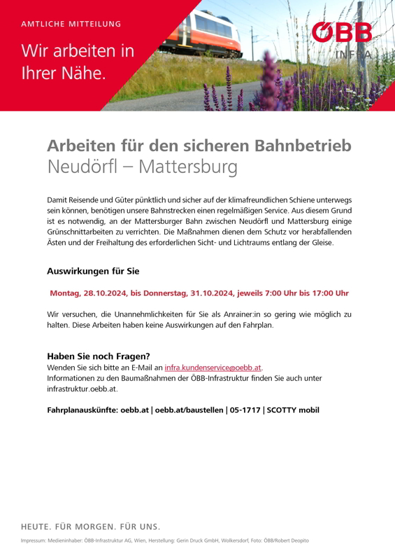 ÖBB-Anrainer:innen-Information: Mäharbeiten Mattersburger Bahn